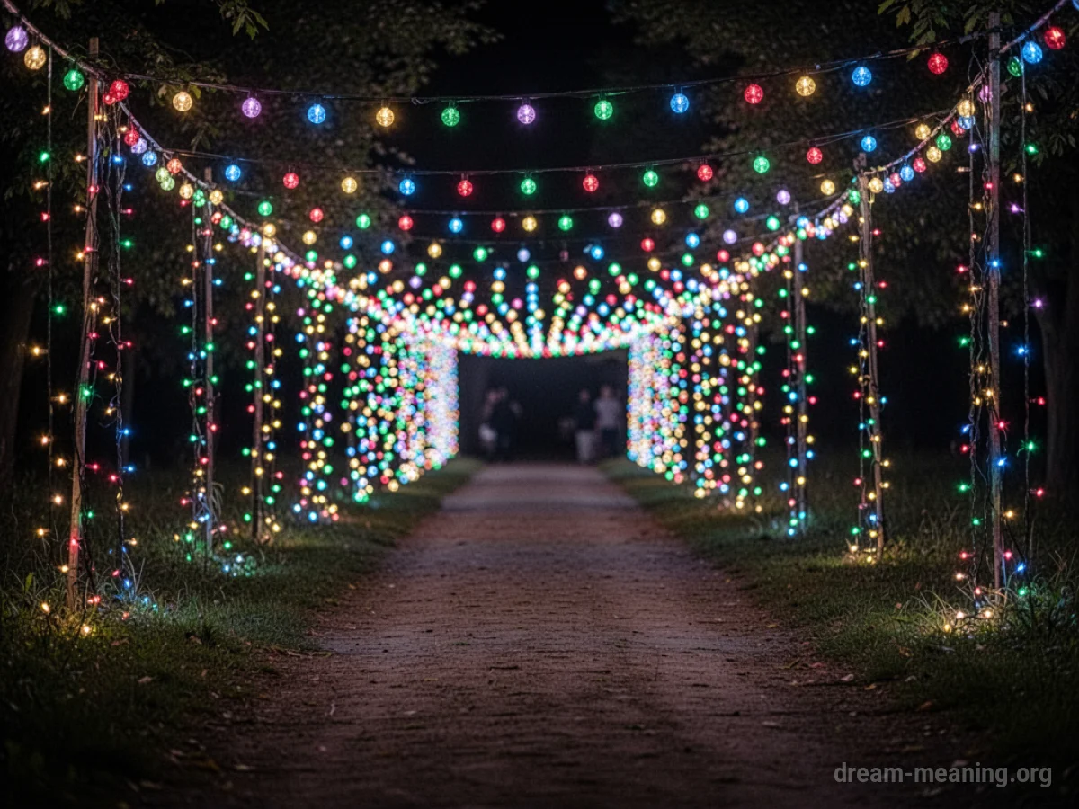 A pathway lit by strings of colorful festival lights disappearing into the darkness ahead.