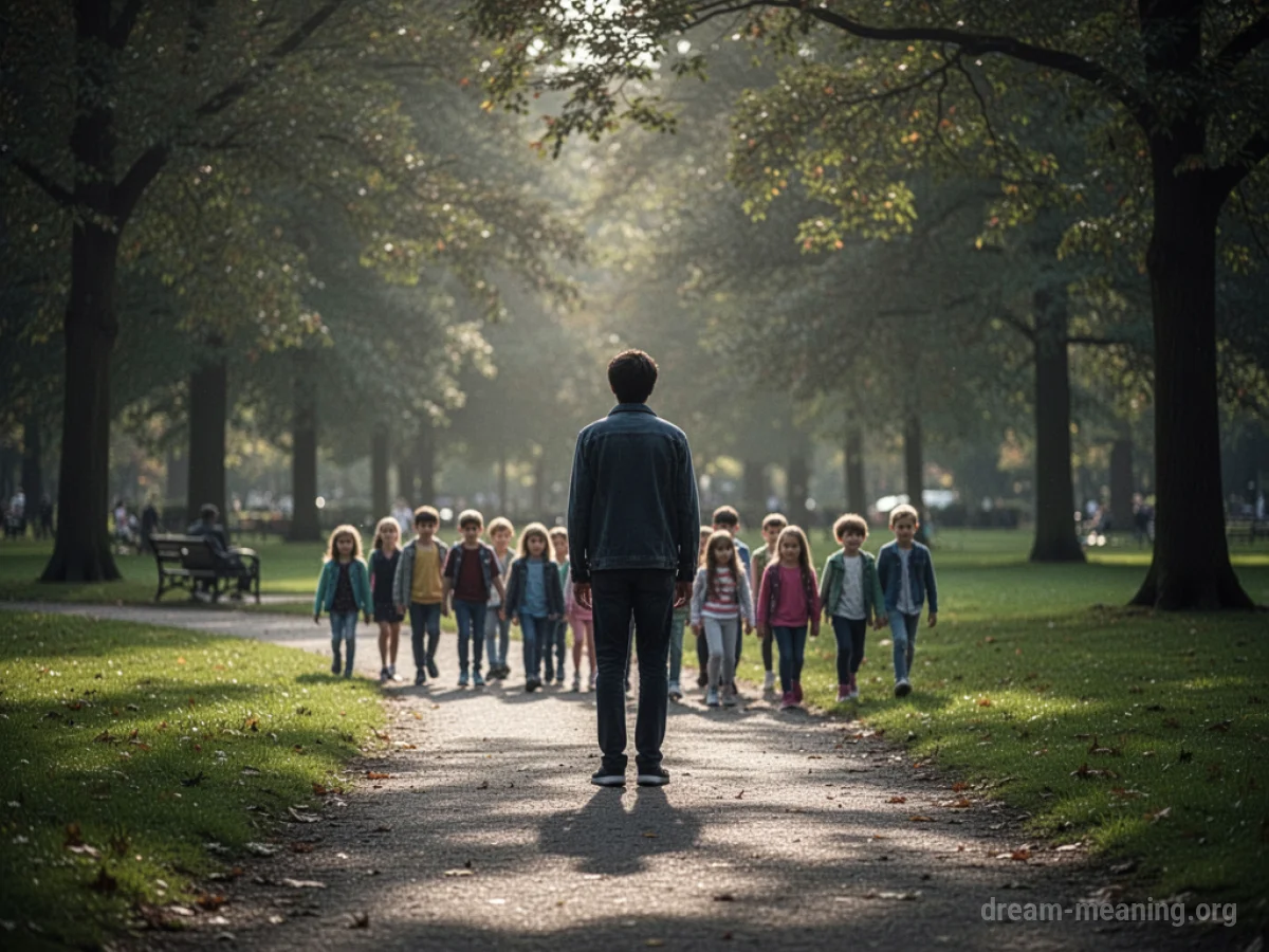 An adult figure observes a group of children walking away on a path.