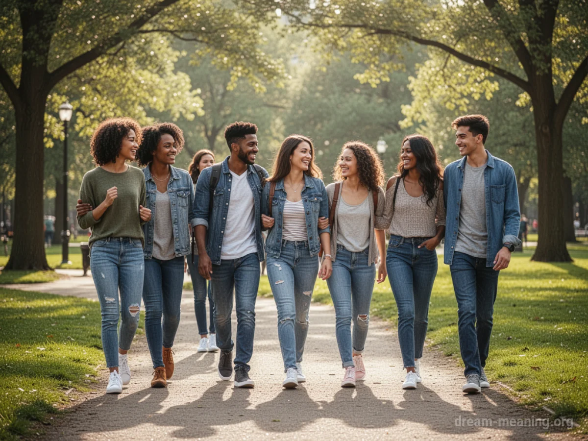 A group of young adults walking on a park path.