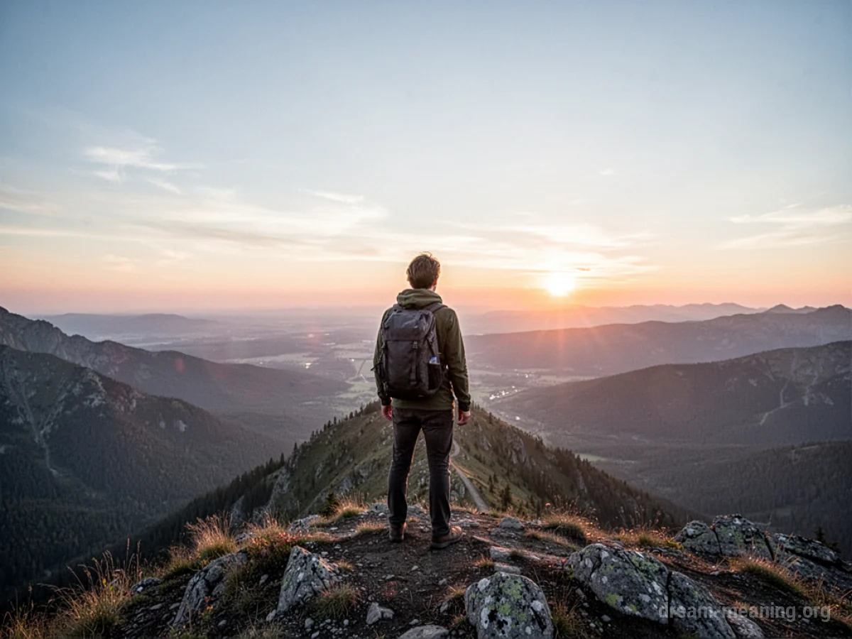 Silhouette of a person on a mountaintop at sunrise.