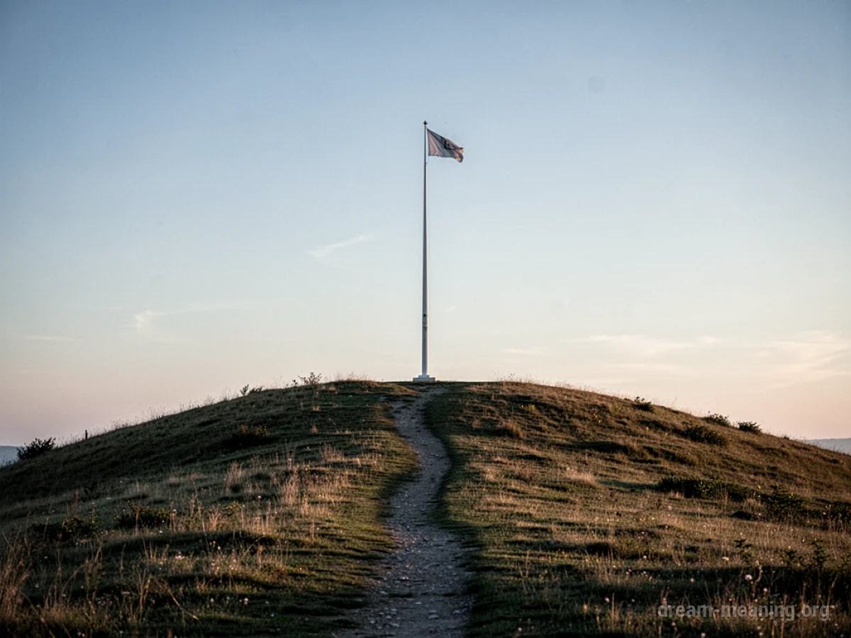 A tall flagpole on a grassy hill under a bright sky.