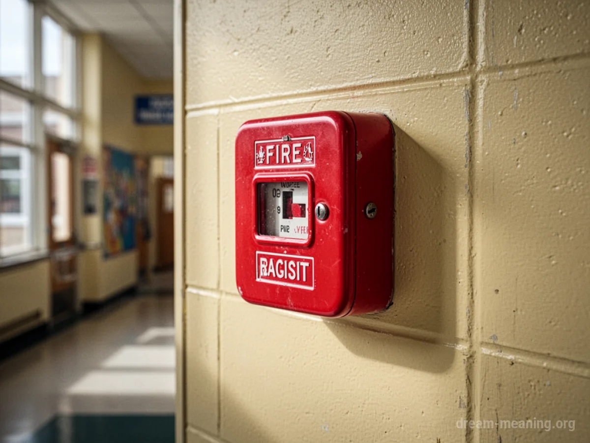 A red fire alarm pull station on a school wall.
