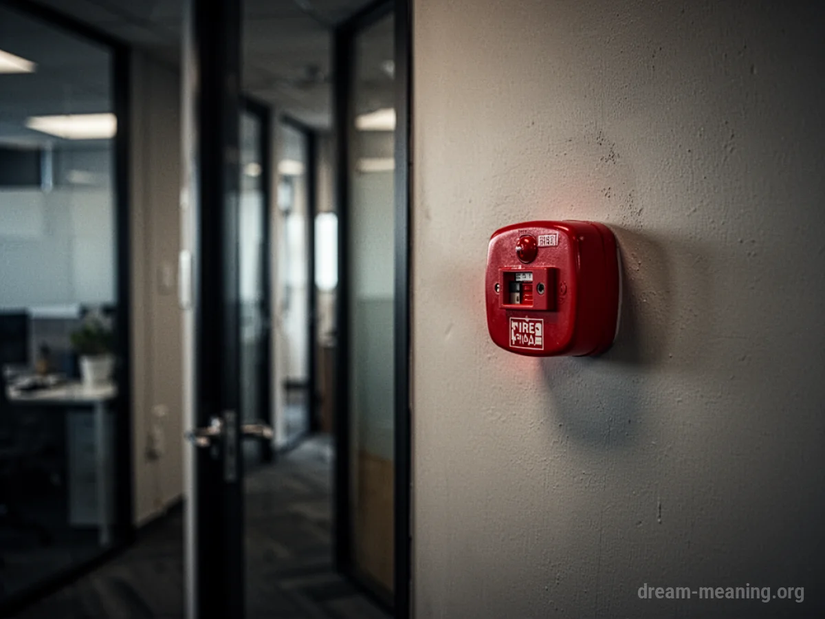 A close-up of a red fire alarm mounted on an office wall.
