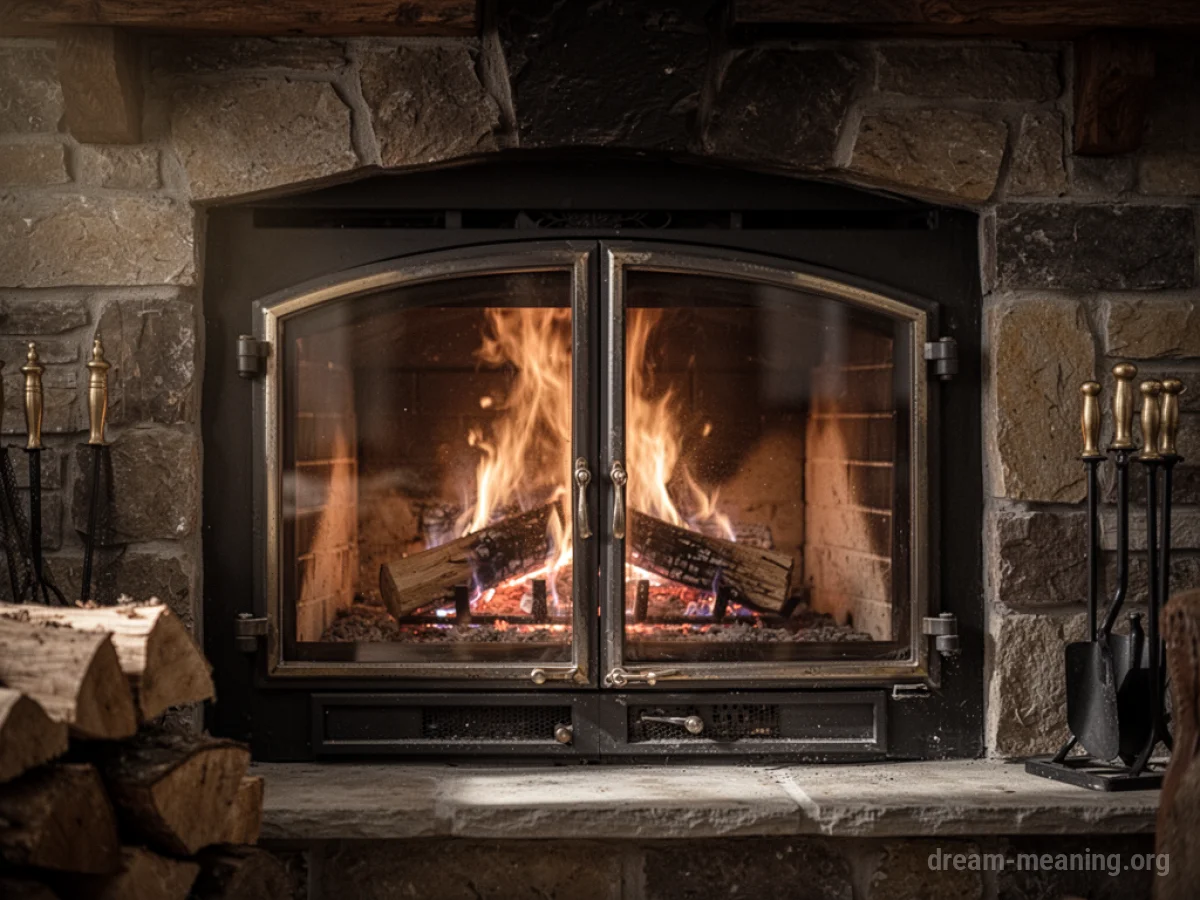 A fireplace with a glowing fire inside.