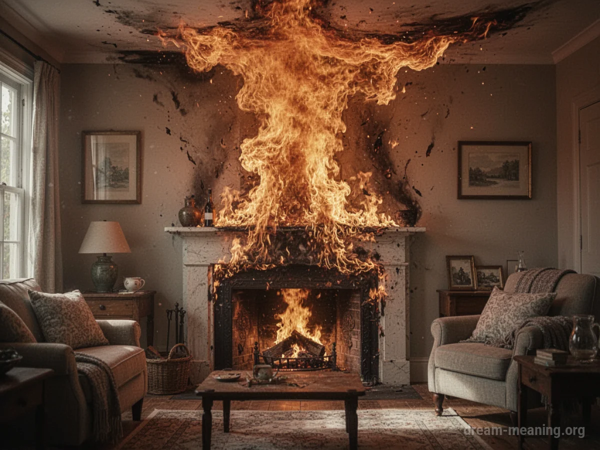 Flames from a fireplace spreading up a wall.