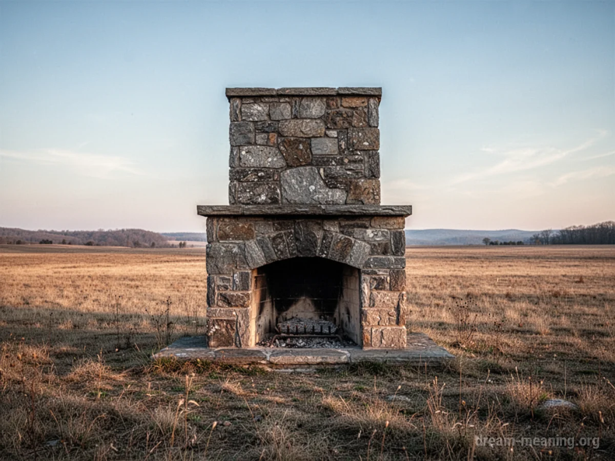A stone fireplace situated in an open grassy field.