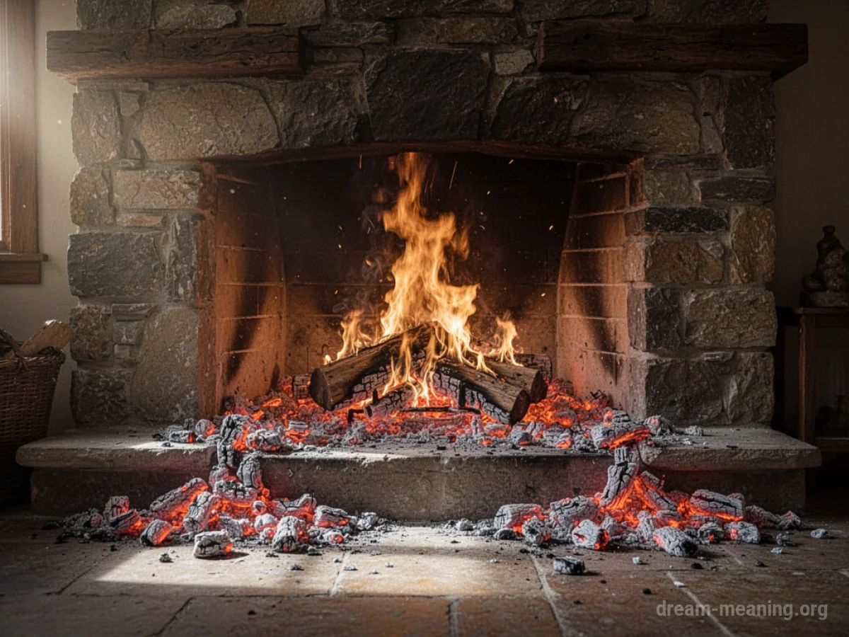 Flames and embers escaping a stone fireplace.