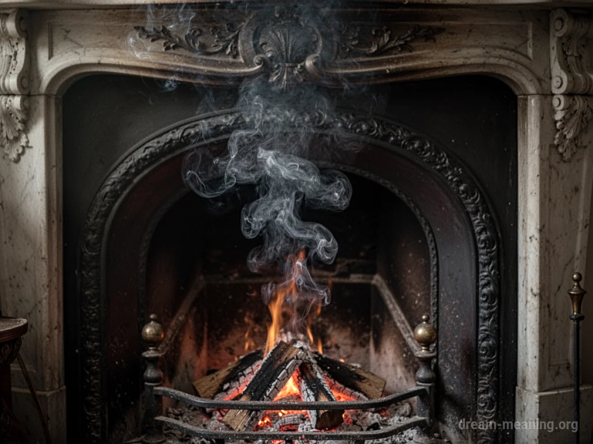 Gray smoke rising from a dark fireplace.