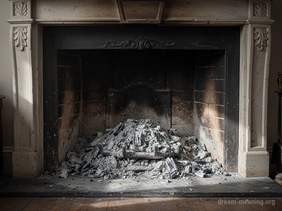 A cold, empty fireplace filled with grey ash.