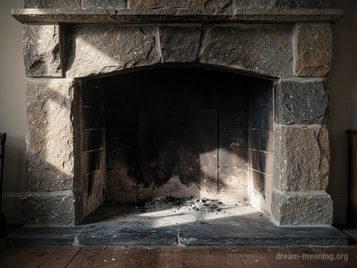 An empty stone fireplace with a dark hearth.