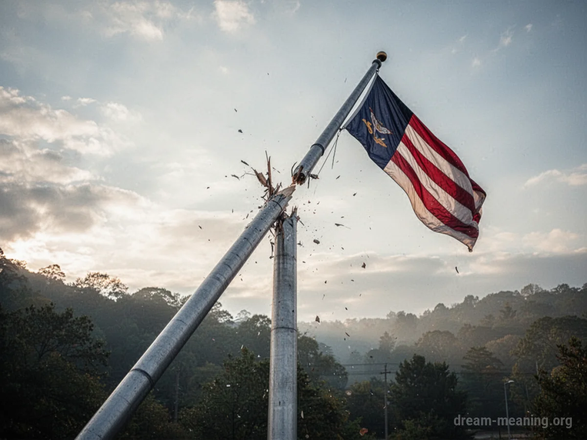 A flagpole is broken in two pieces.