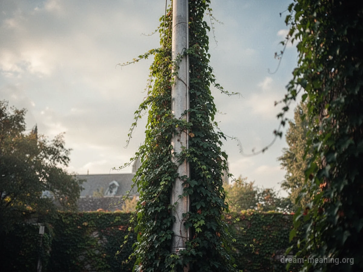 A flagpole entwined with dense green vines.