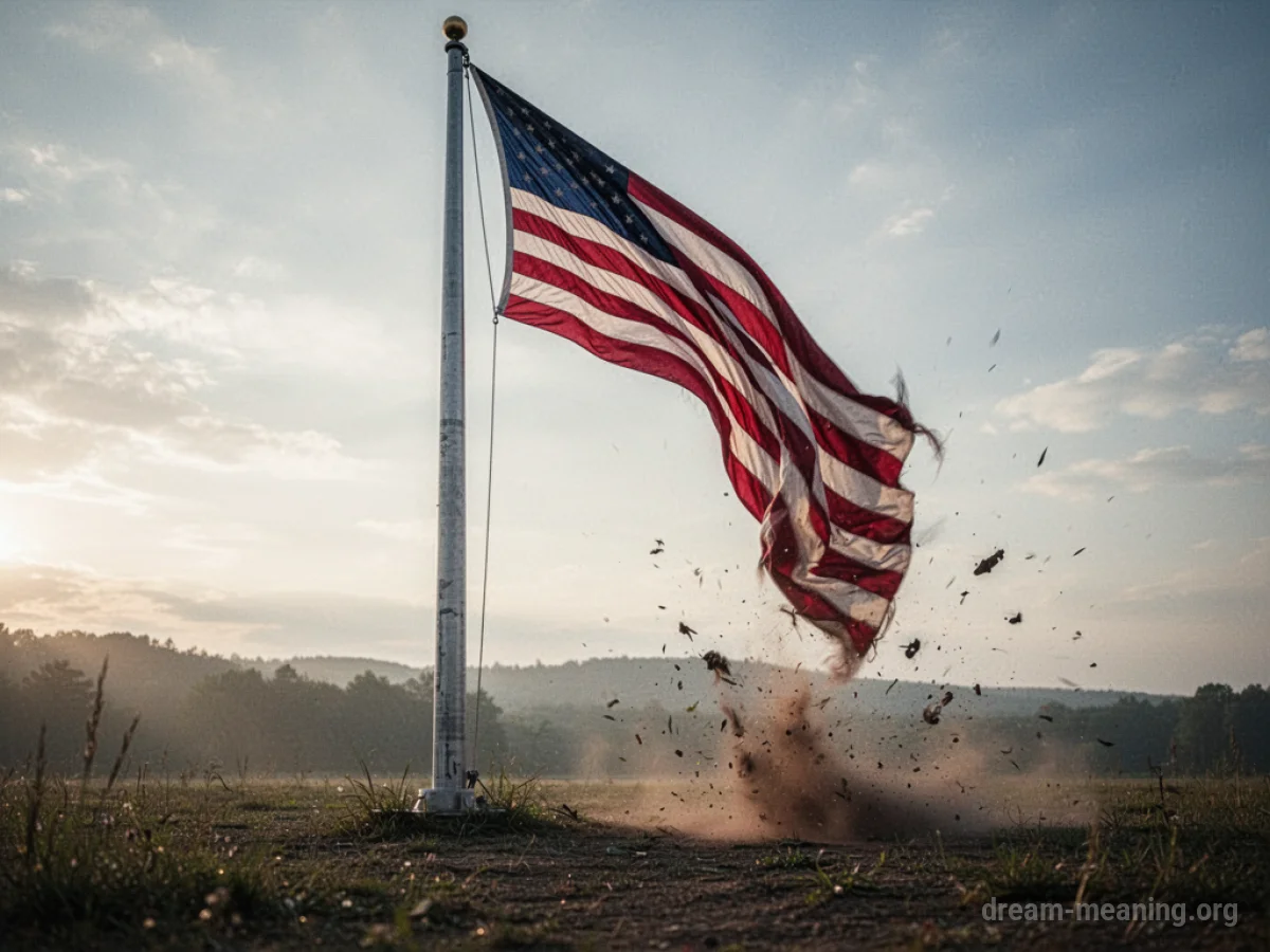 A flagpole leaning precariously and falling.