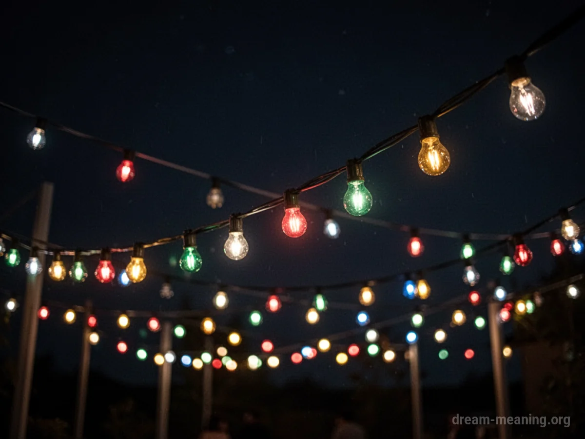 A string of festival lights with some bulbs flickering.