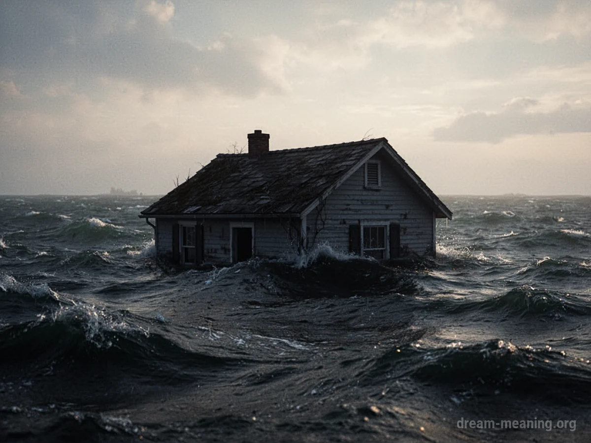 A submerged house with only the roof above turbulent water.