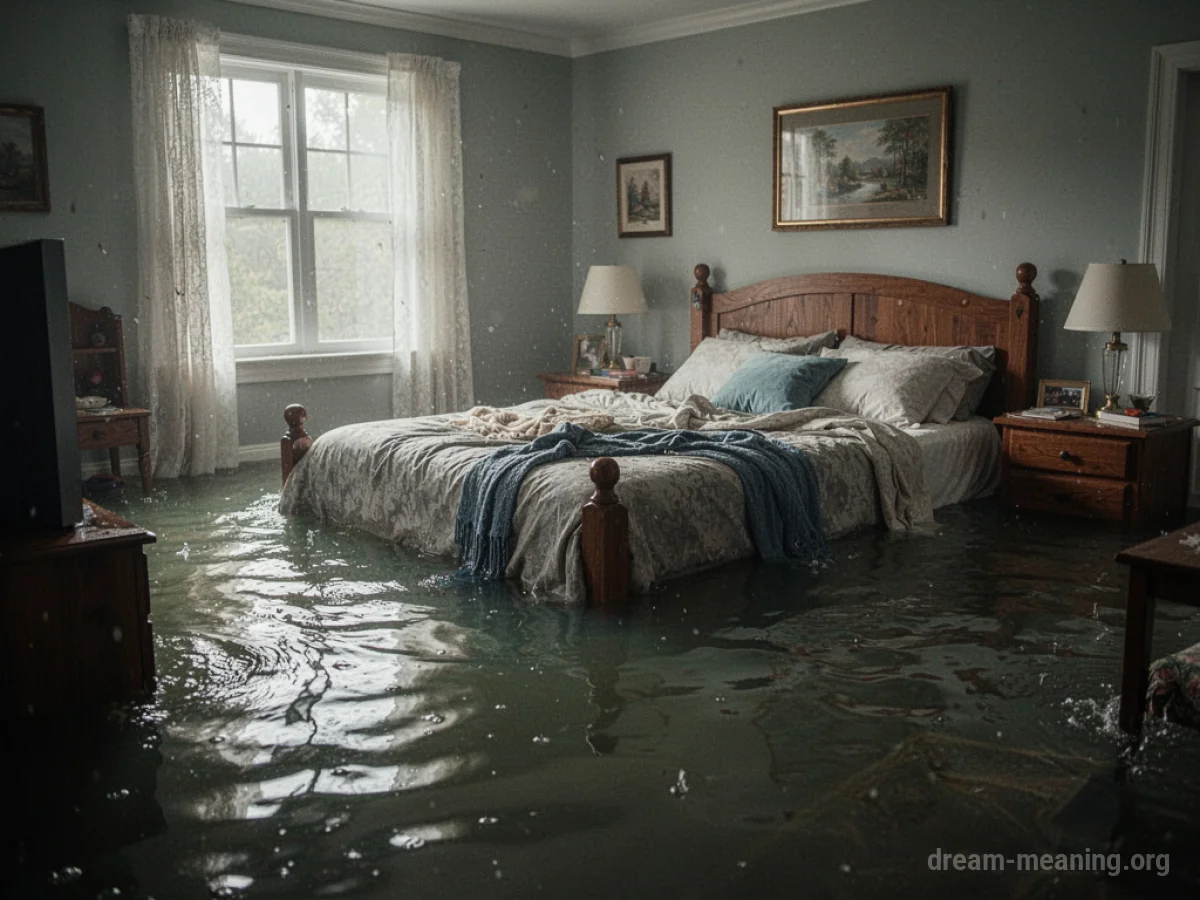 A bedroom with water covering the floor and around the furniture.