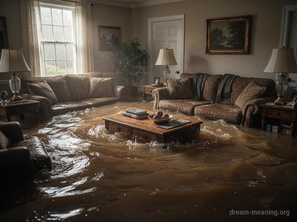 Murky water flowing into a room, covering the floor and furniture.