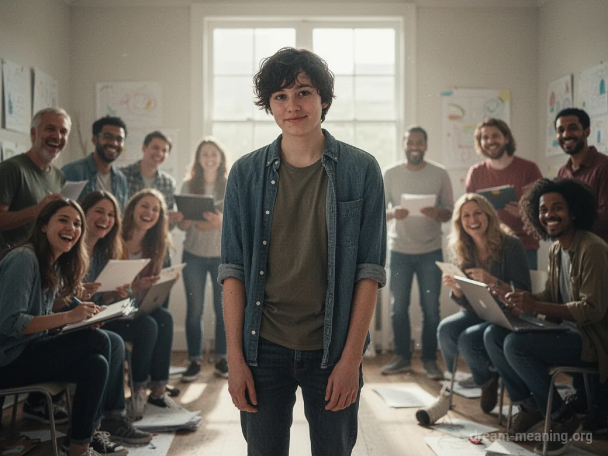 A lone person in a room of blurred, smiling figures.