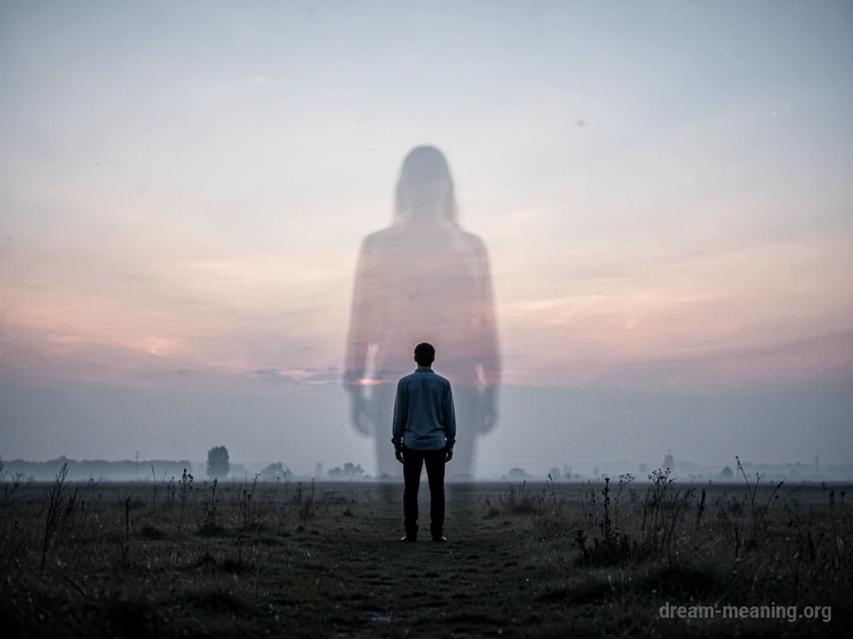 A person standing in a field looking towards a faint, translucent figure.