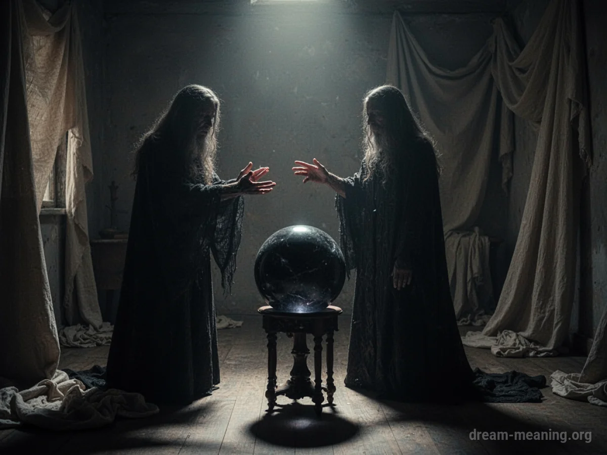 A fortune teller's hands hover over a crystal ball in a dark room.