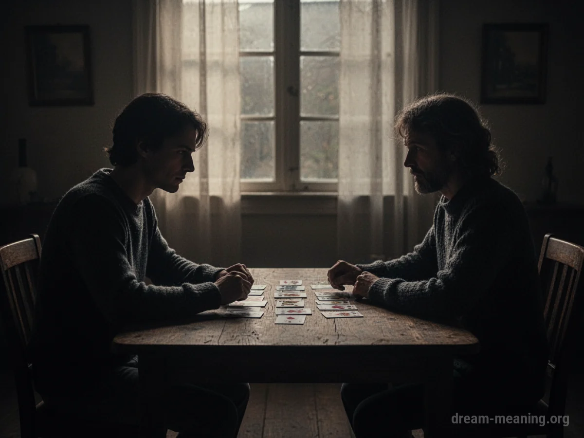 Silhouette of two people at a table with cards, one figure gesturing towards the cards.
