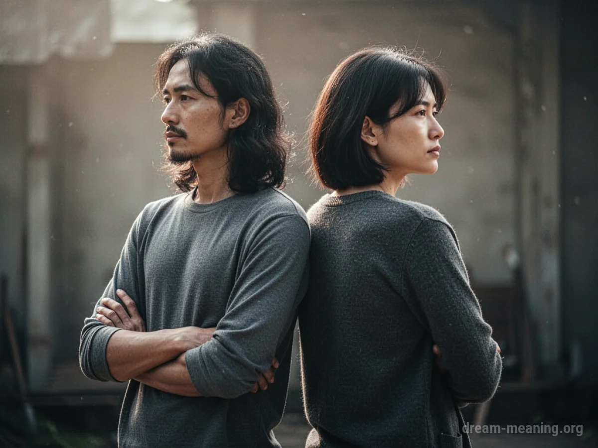 Two figures with their backs turned, one person's arms are crossed.