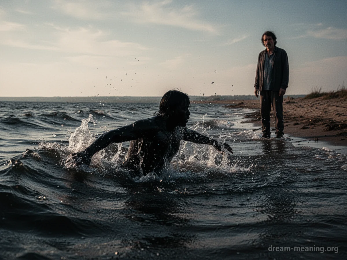 Silhouette of a person in turbulent water with another figure on the shore.