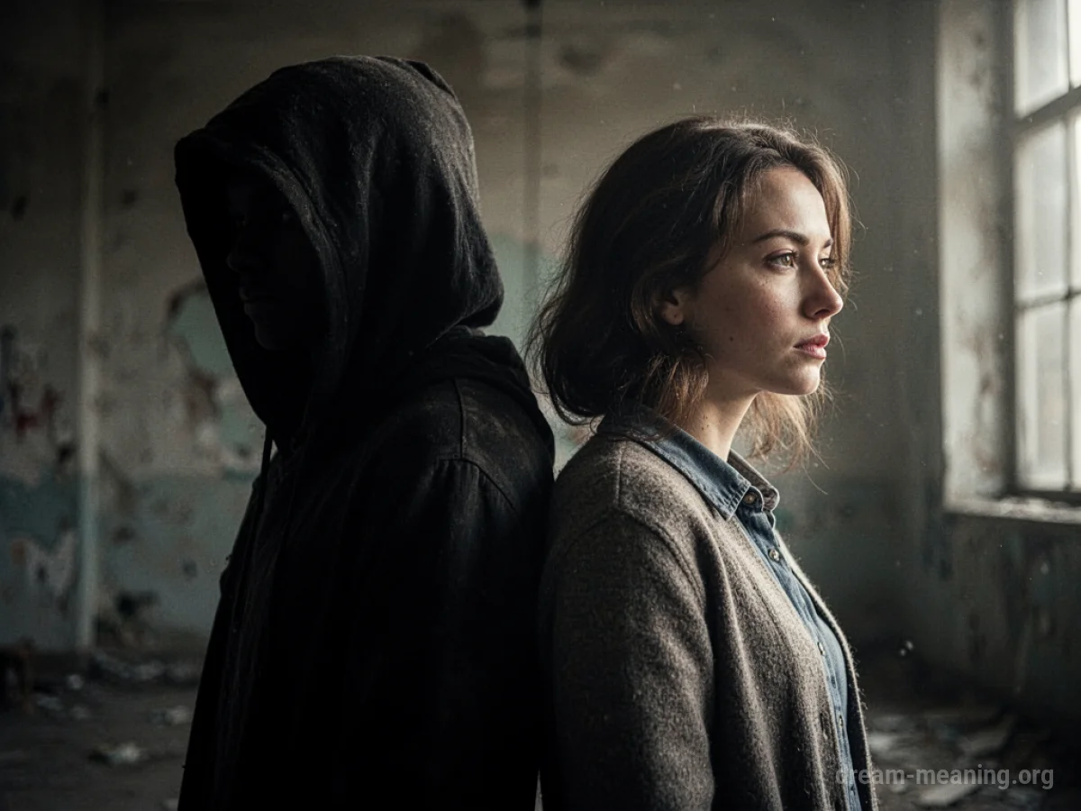 Two silhouetted figures facing away from each other on a desolate path.