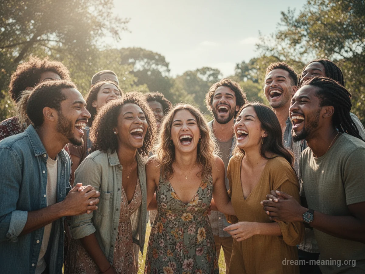 A group of friends laughing and smiling together in a park.