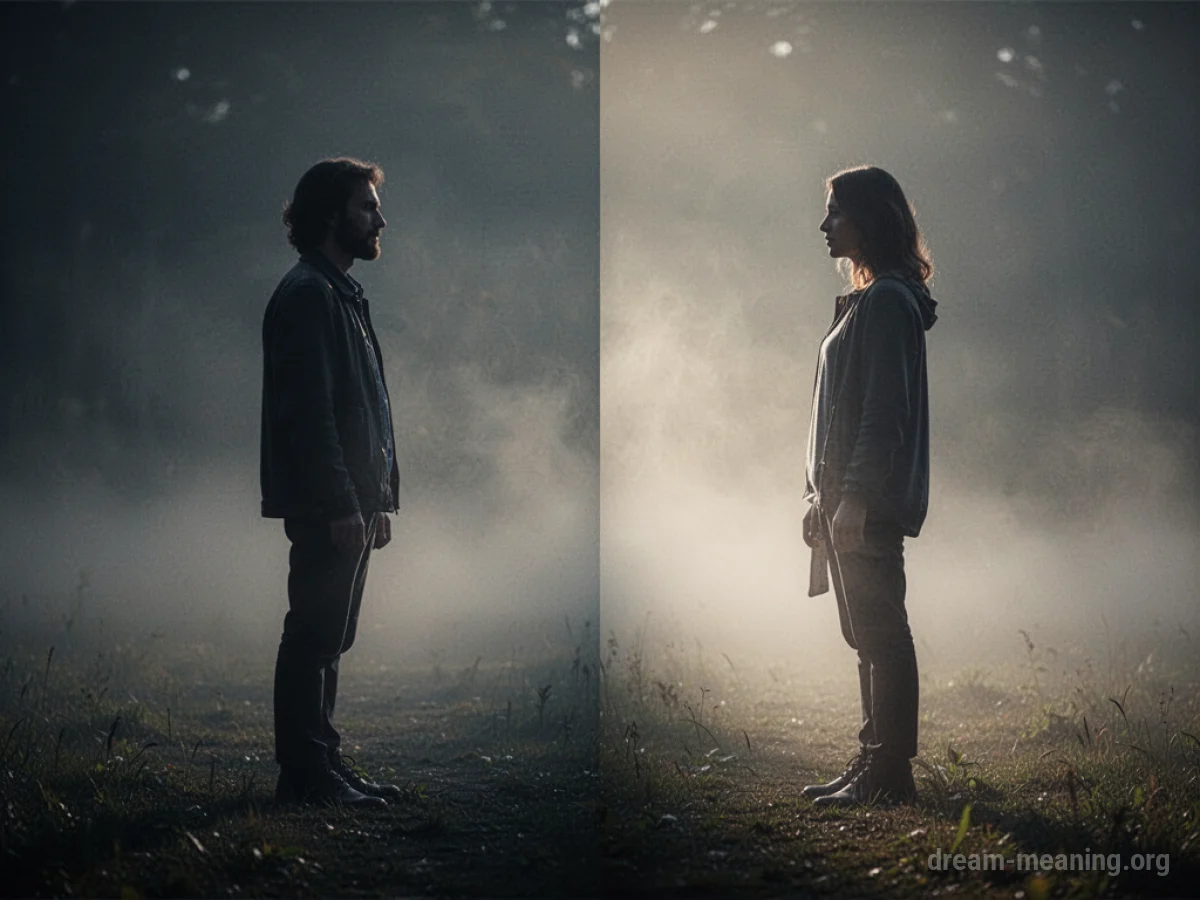 Two indistinct figures separated by a gentle haze.