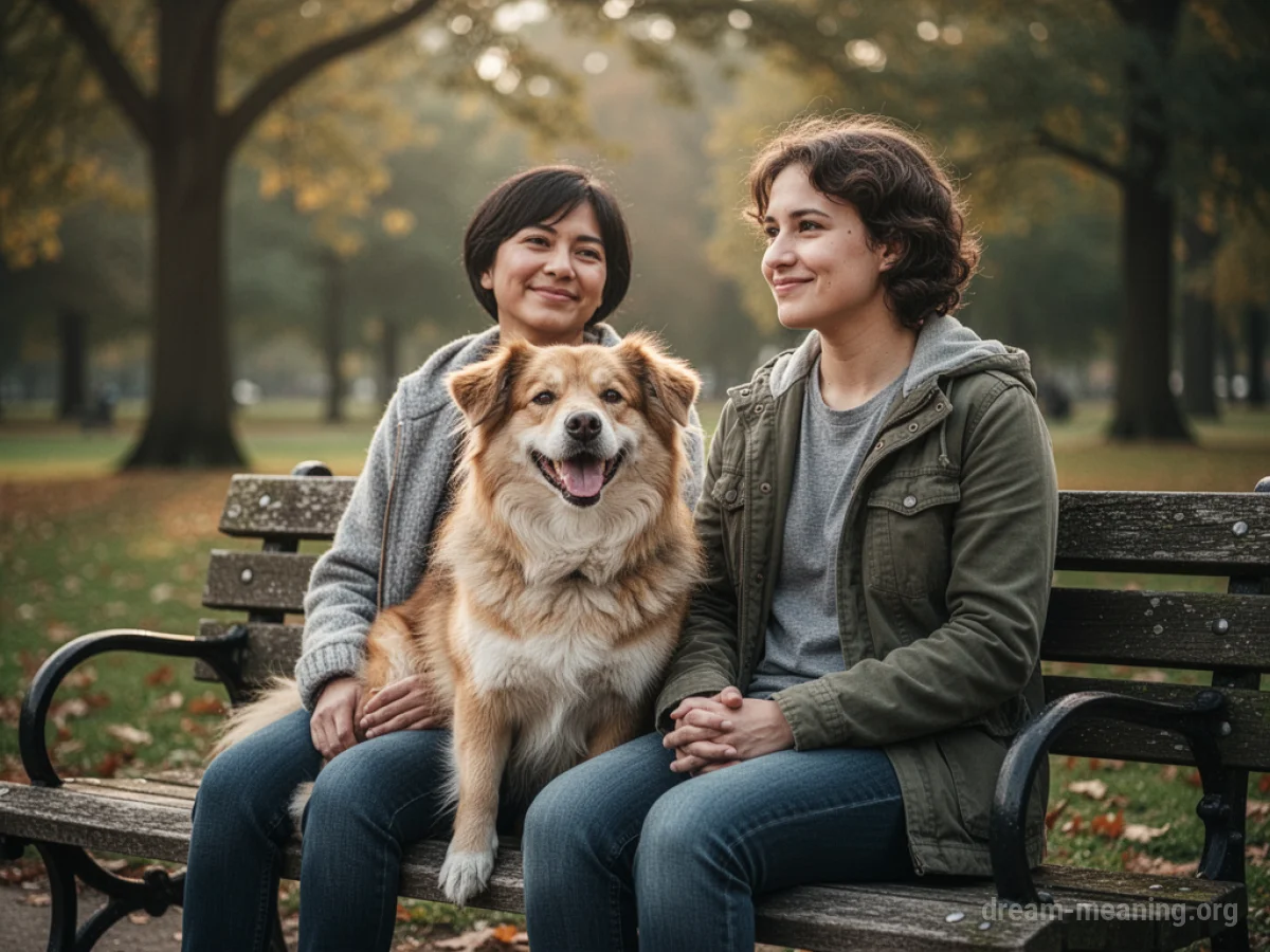 A person and a dog sit side-by-side on a park bench.