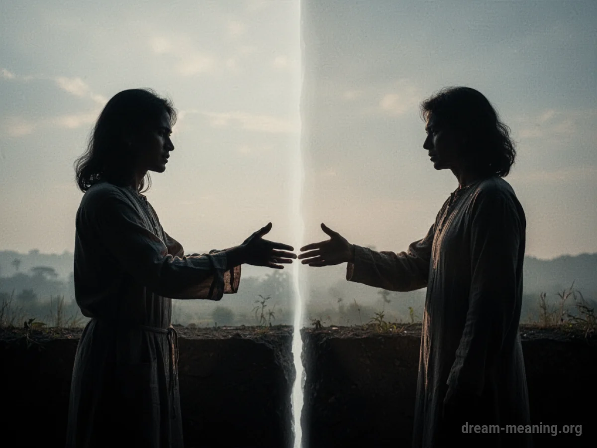 Two silhouetted figures reaching towards each other across a faint line.