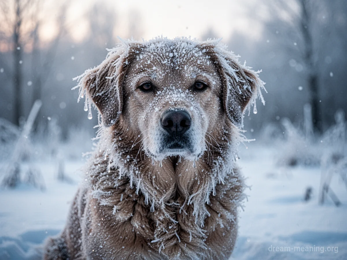 A dog with frost covering its fur.