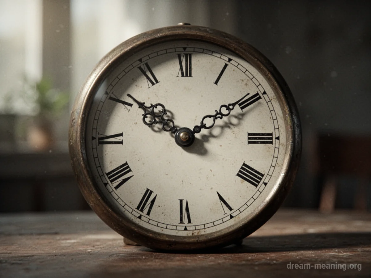 A clock with frozen hands against a blurred backdrop.