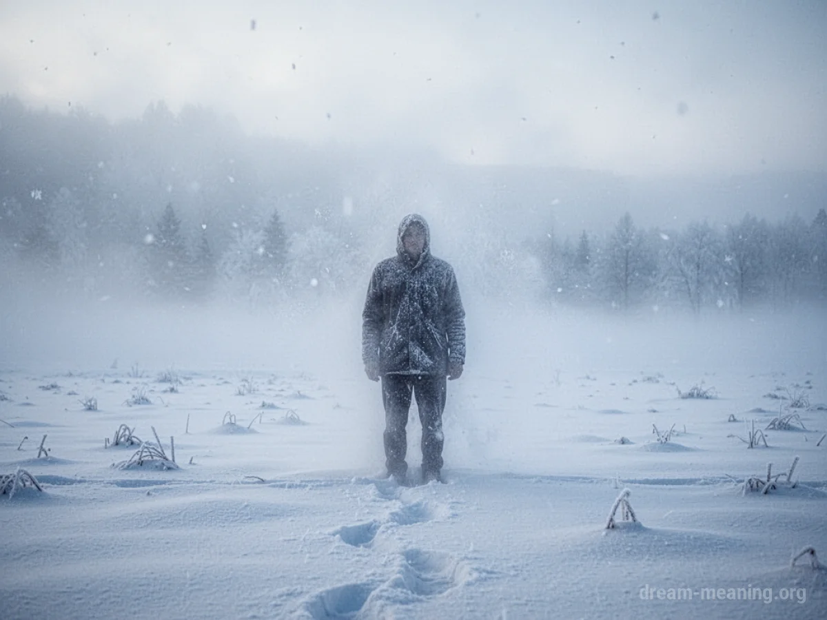 Silhouette of a person covered in frost in a snowy landscape.