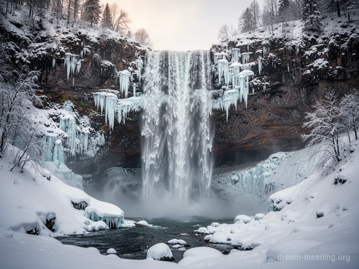 A waterfall completely frozen solid, covered in ice and snow.