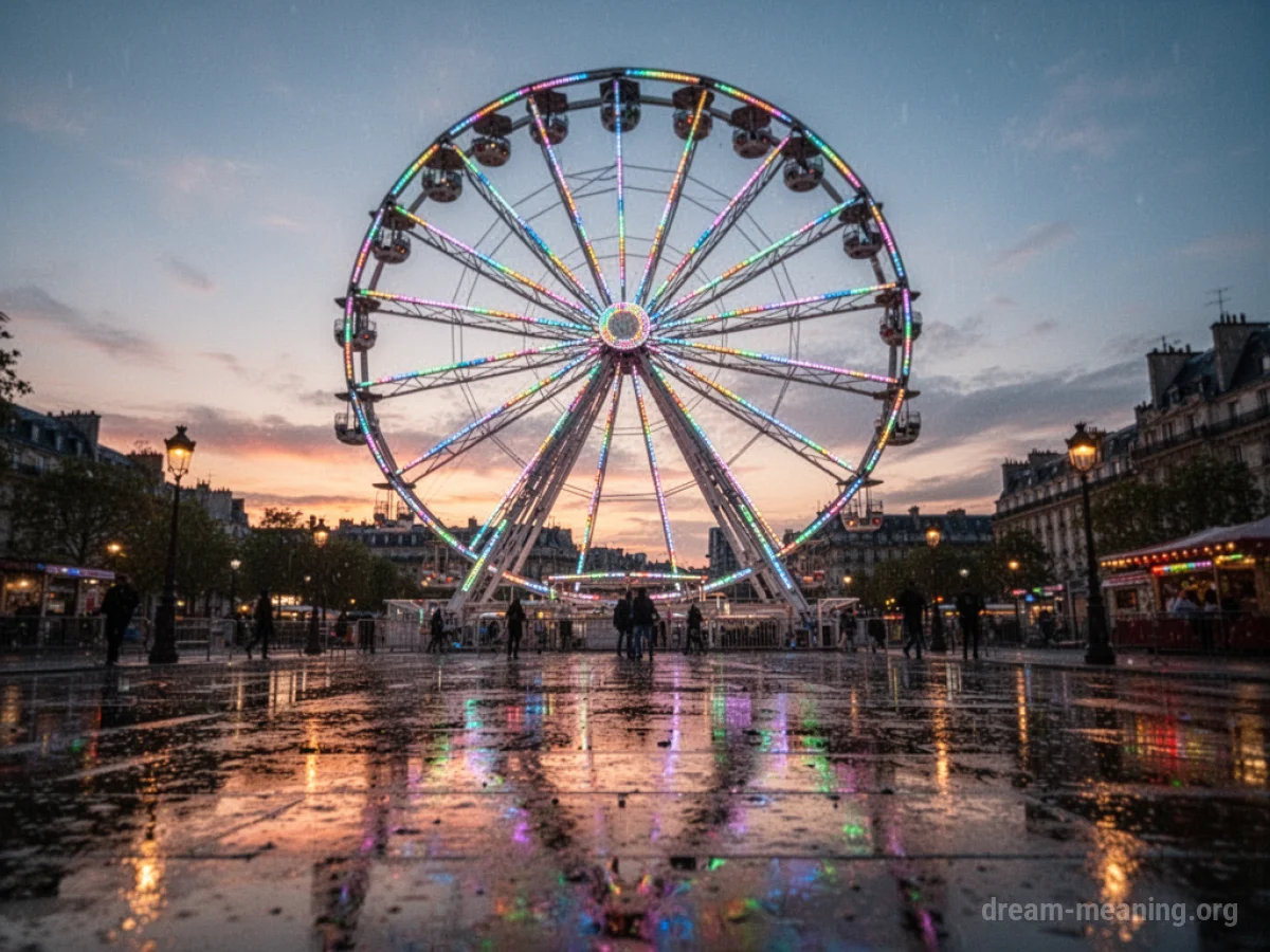 A Ferris wheel with glowing lights at dusk.