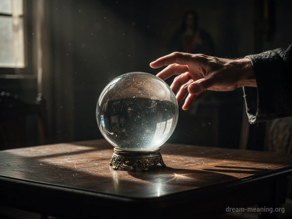 A hand hovering over a glowing crystal ball in a shadowed room.