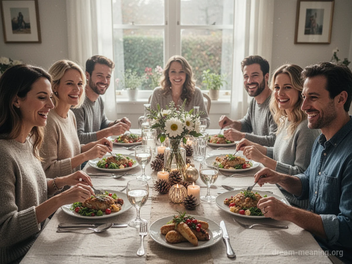 A family enjoying a meal together around a dining table, with smiles and food.