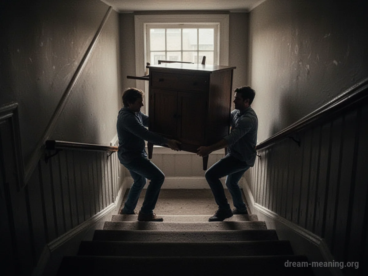 Two silhouetted figures carrying a large piece of furniture up a staircase.