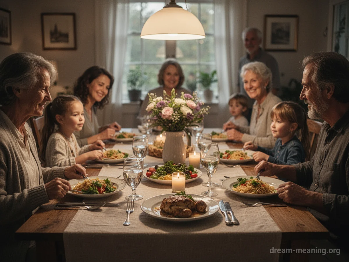 A dining table set for a meal with soft lighting.
