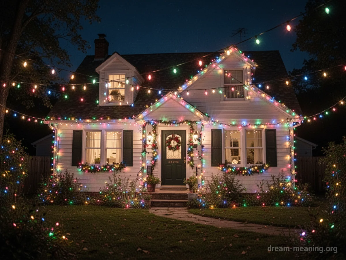 A house exterior at night covered in numerous colorful string lights.