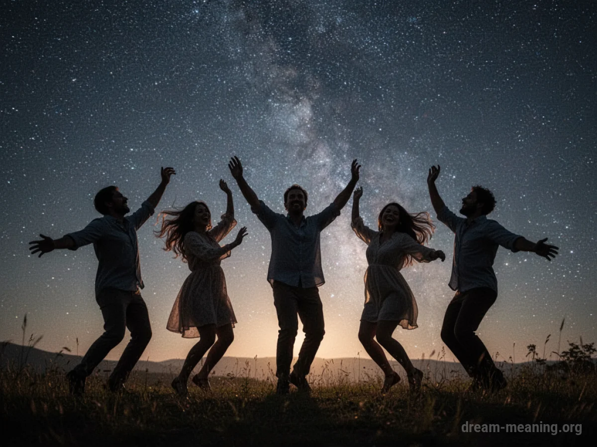 Silhouettes of people dancing outdoors at night.