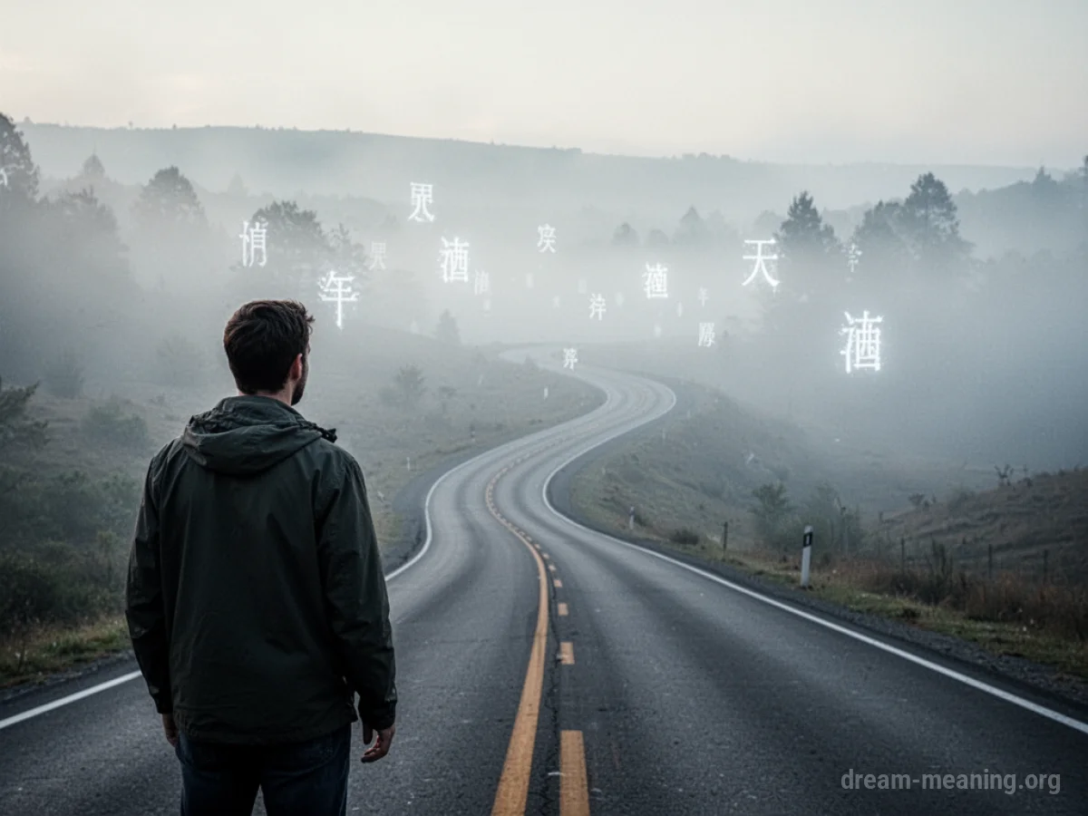 A person stands at a crossroads looking towards a foggy path with ethereal symbols.