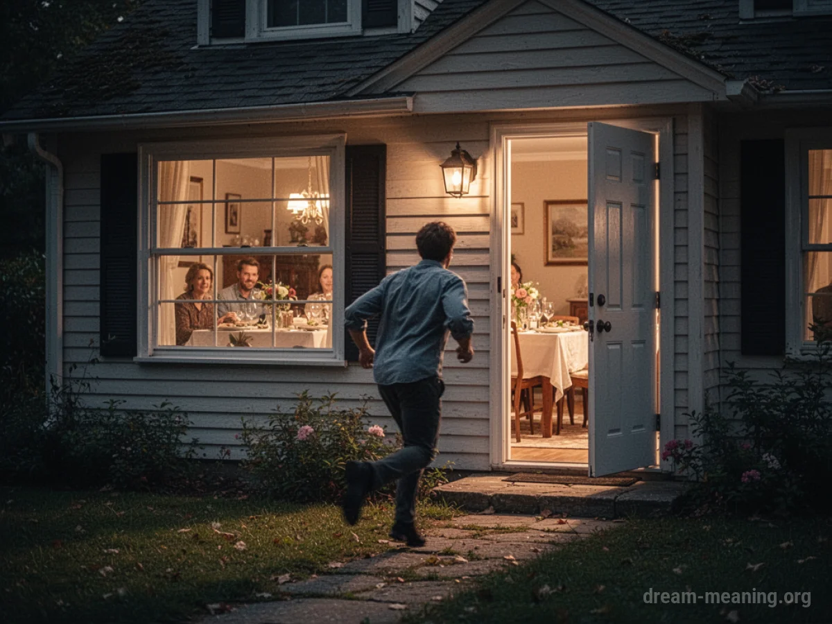 A person hurrying towards a house where a family dinner is taking place.