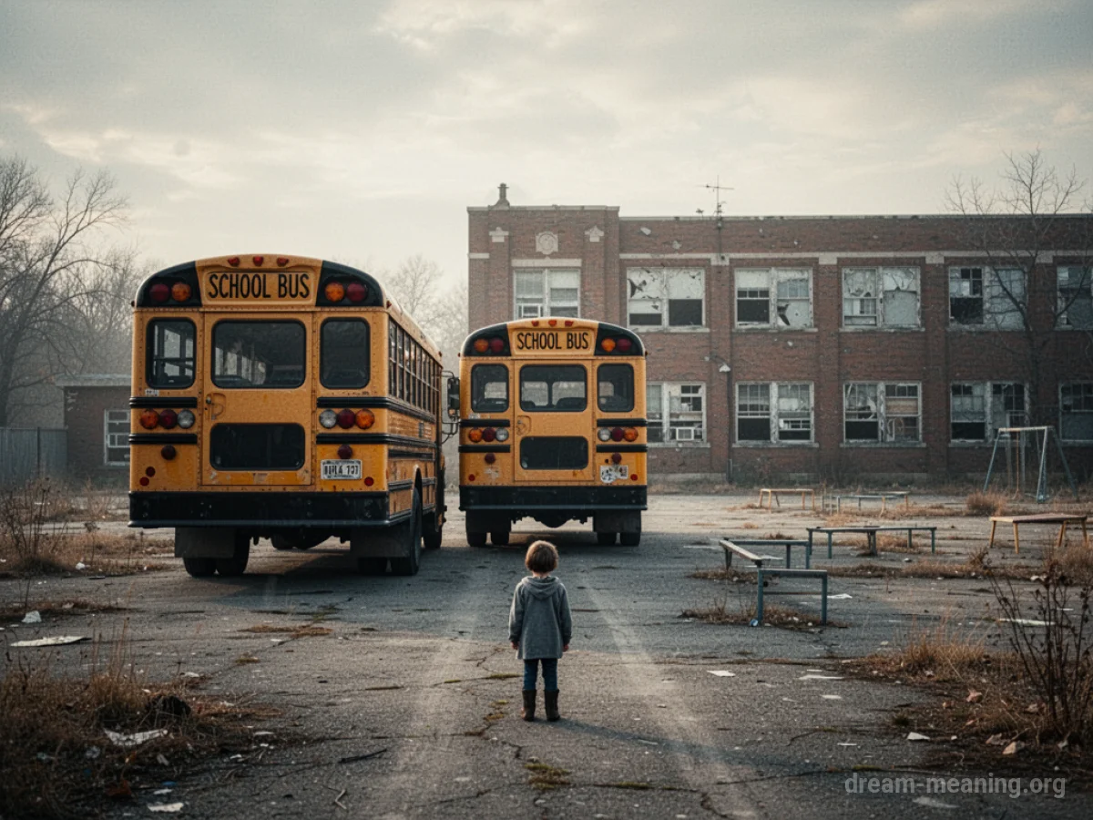 A solitary child standing in an empty schoolyard as a bus drives away in the distance.