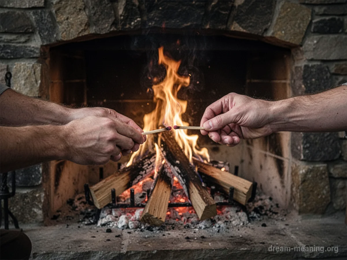 Hands holding a lit match to kindling in a fireplace.