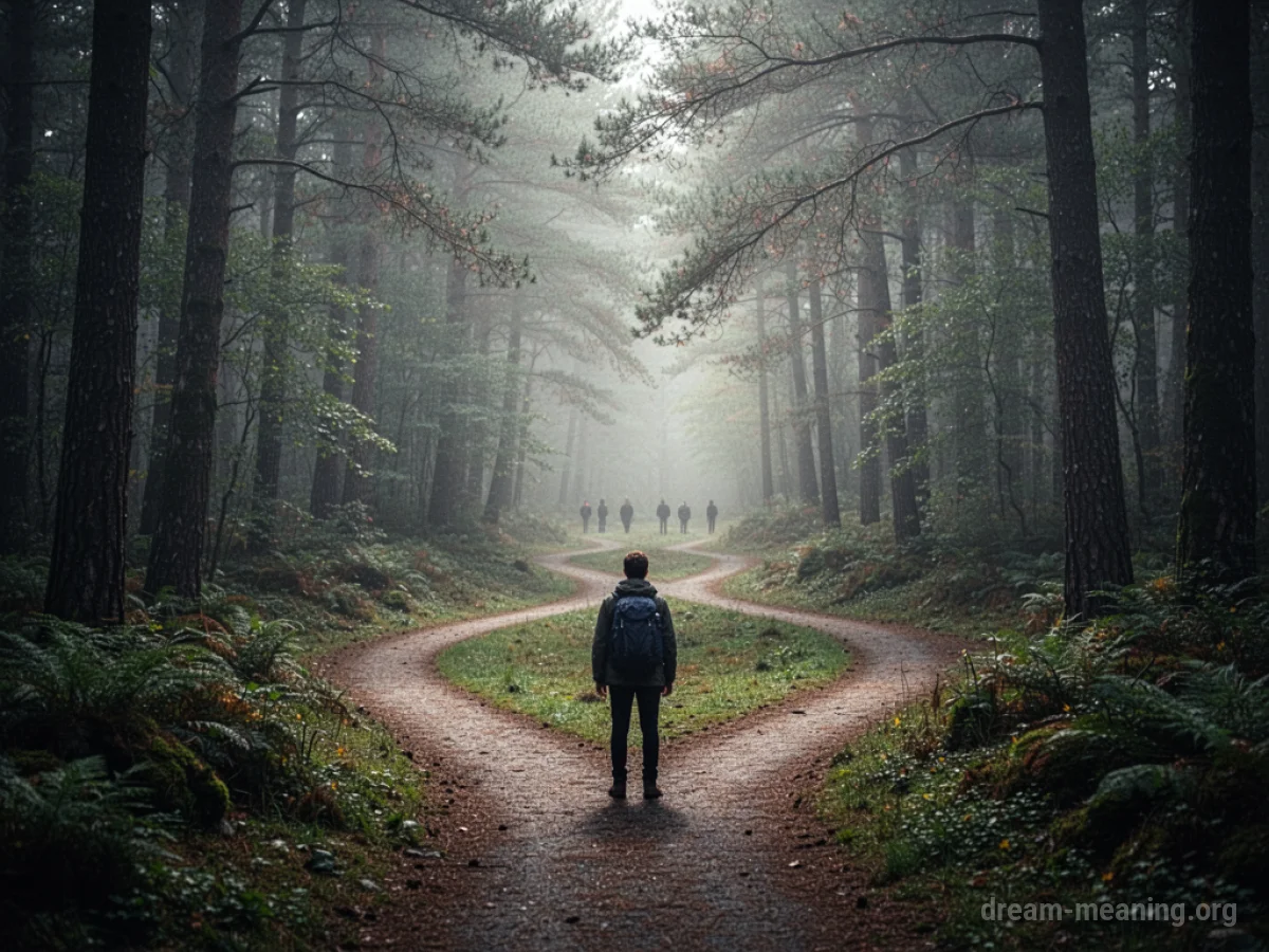 A single person standing at a crossroads in a foggy forest, with other figures visible far away.