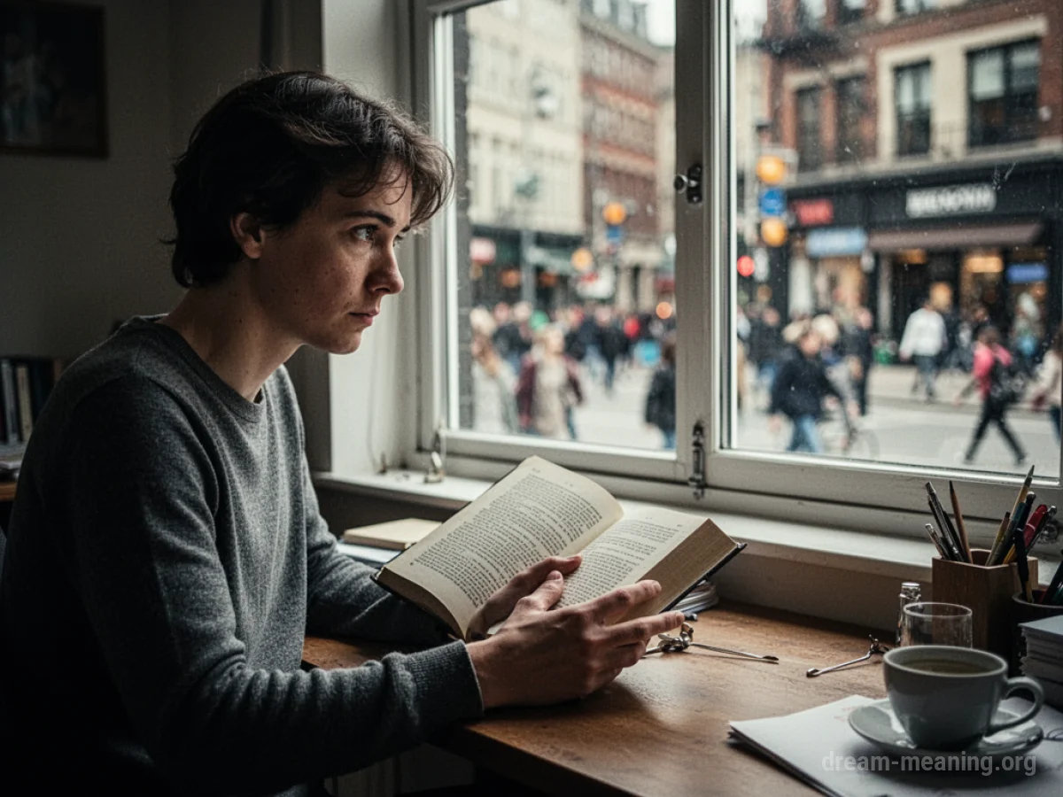 Person at a desk looking away from a book towards a busy street outside a window.