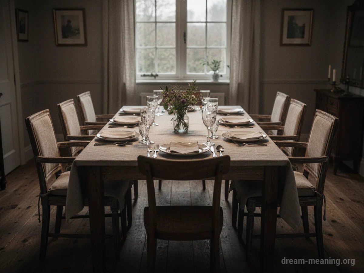 An empty dining table with place settings and chairs.